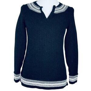 LOFT Petites‎ Black White Striped Split Neck Waffle Knit Sweater SP Cotton Blend